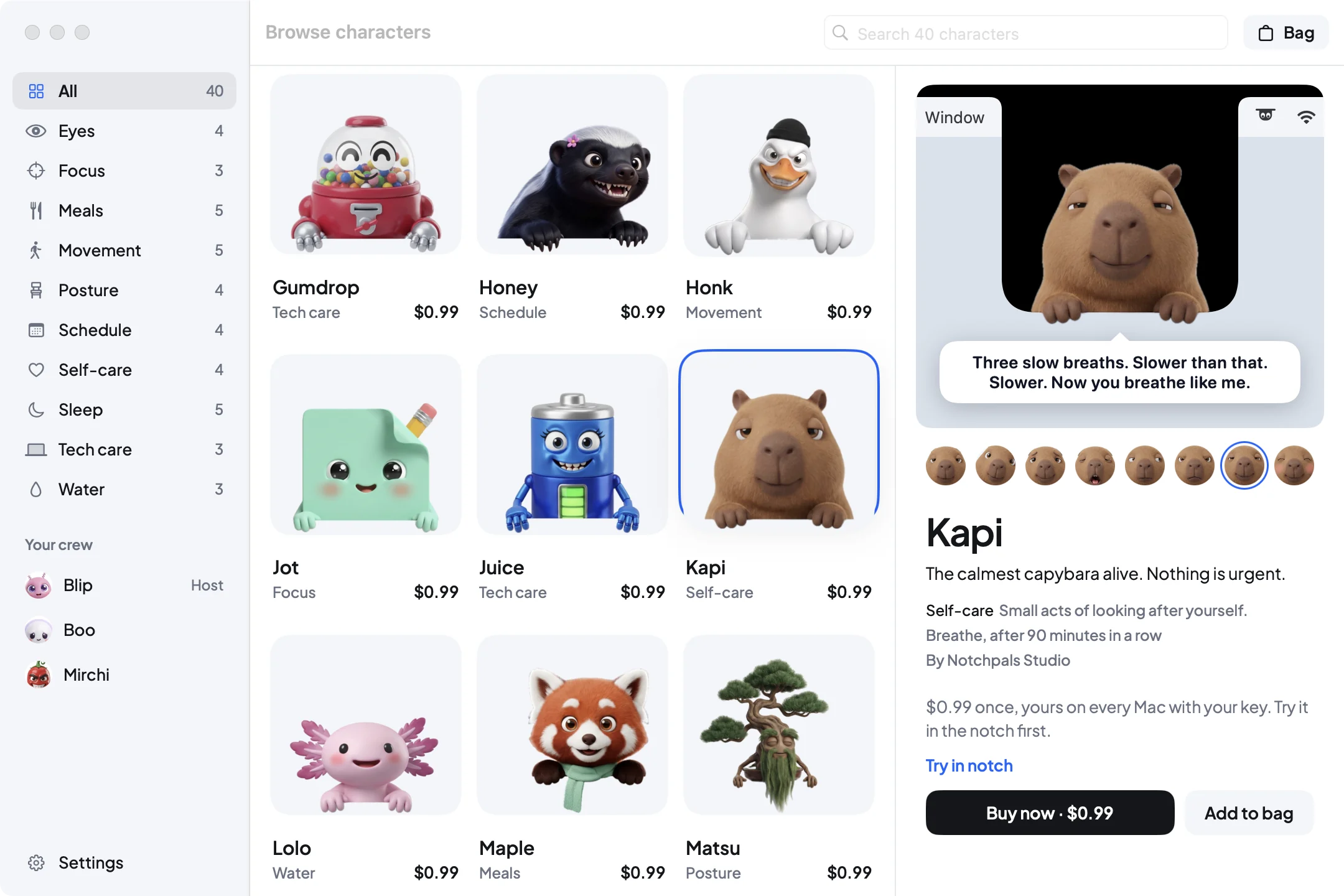 The Browse characters window in Notchpals: a grid of characters with their areas and prices, and Kapi the capybara selected, peeking out of a notch preview with a line in a bubble.